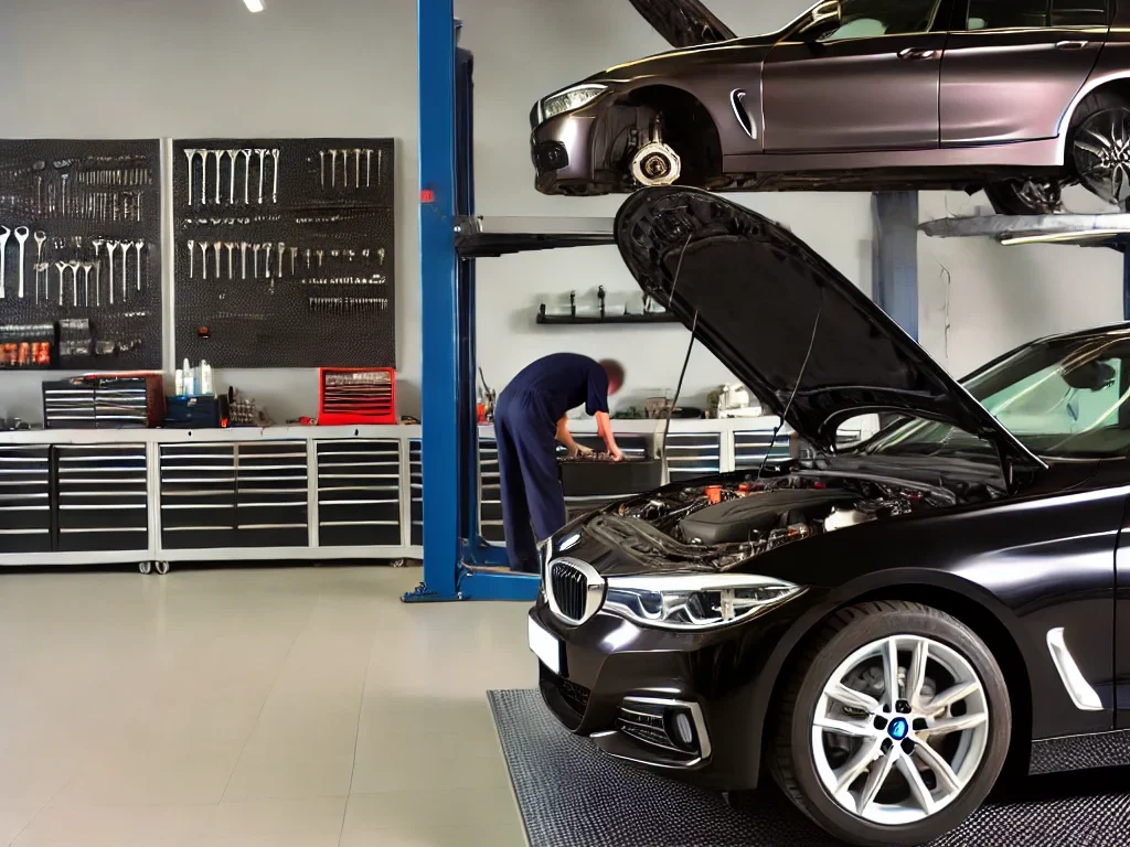 DALL·E 2024 10 16 15.25.46 A detailed scene of a BMW car being repaired in a modern auto workshop. The mechanic is working under the hood using professional tools. The backgrou e1729078073475