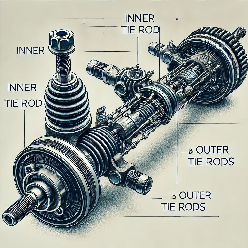 DALL·E 2024 10 17 09.46.52 A detailed image of a cars steering system focusing on the inner and outer tie rods. The inner tie rod is connected to the steering rack while the ou