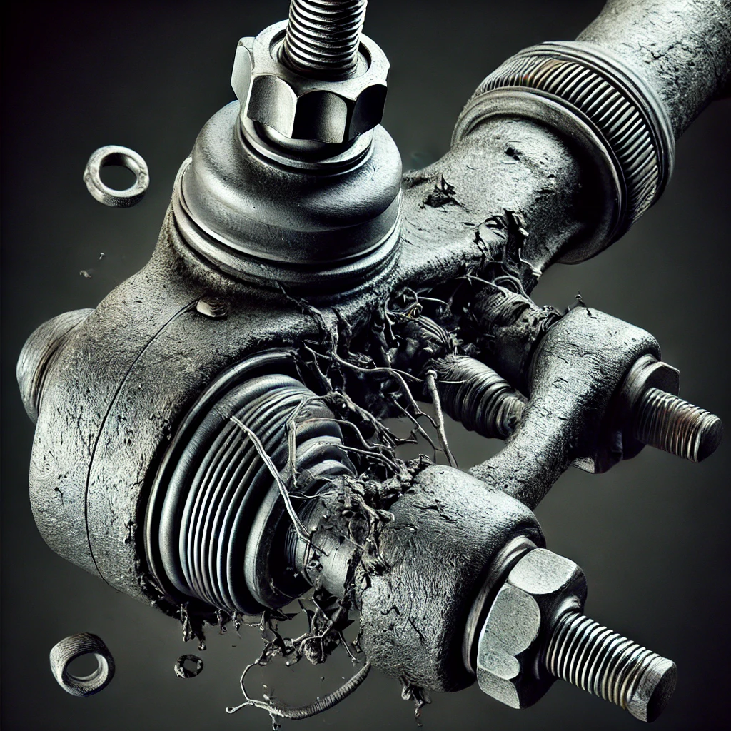 DALL·E 2024 10 17 09.47.15 A close up image of the wear and tear on a cars outer tie rod showing damage like cracks rust and looseness in the joint. The tie rod is still con