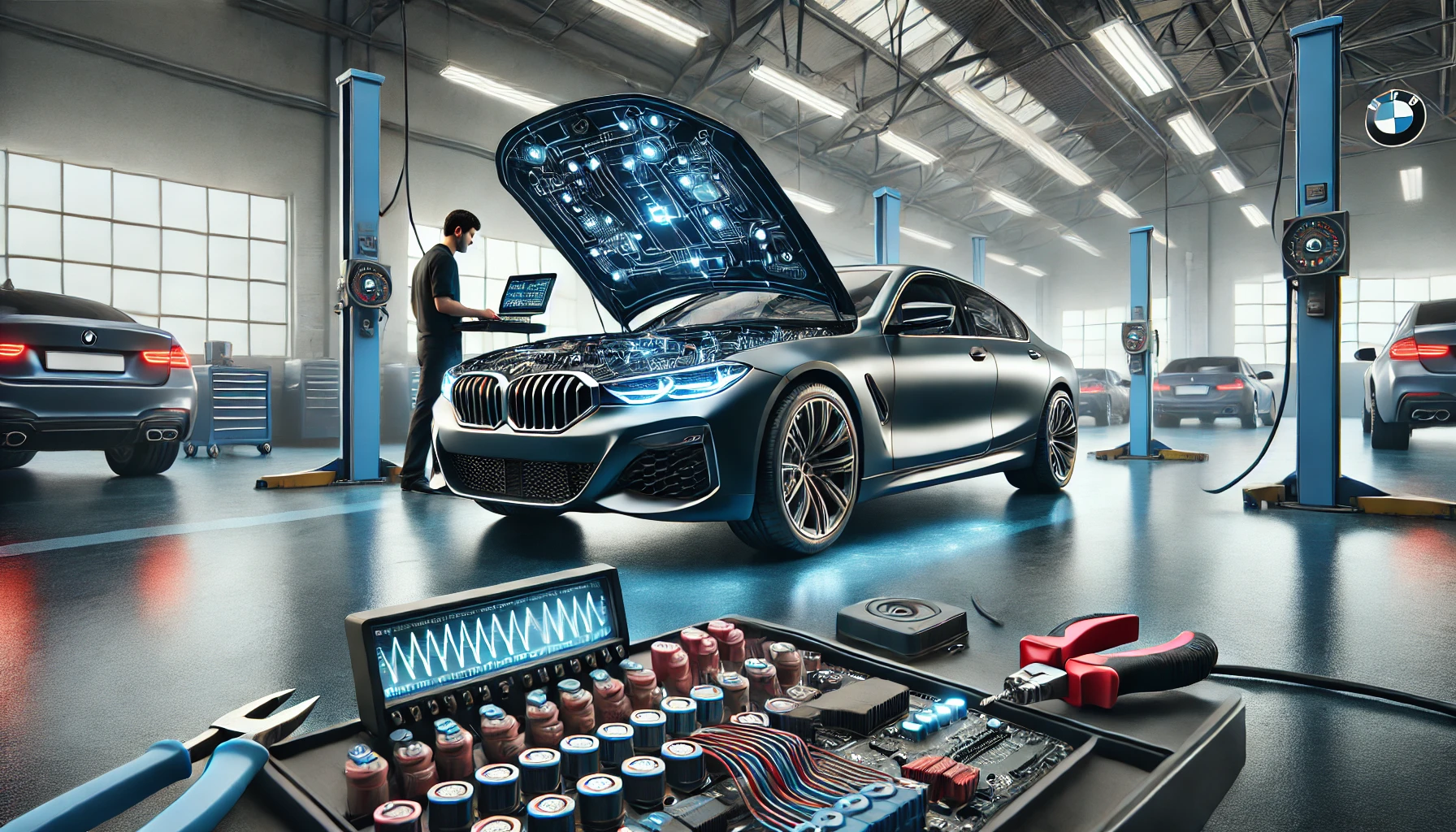 DALL·E 2024 12 03 08.43.31 A high quality detailed image of a luxury car being serviced in a modern garage with a mechanic diagnosing electrical systems using advanced diagnos
